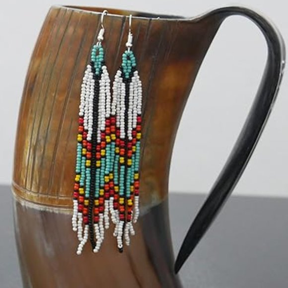 Long 4.5" Green Turquoise Blue Beaded Fringe Earrings Native American Tassel New - Picture 1 of 7